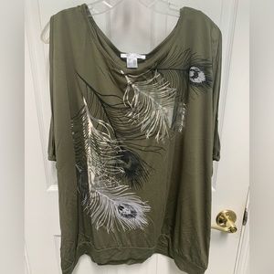 NEW - Venus Metallic Feather top with deep cold shoulders and a banded hem.